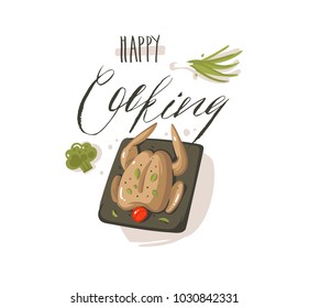 Hand drawn vector abstract modern cartoon cooking time illustrations sign with preparing chicken or turkey and modern handwritten calligraphy Happy Cooking isolated on white background.
