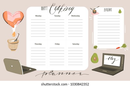 Hand Drawn Vector Abstract Modern Cartoon Cooking Studio Class Illustrations Weekly Cooking Planner And Recipe Card Templete With Handwritten Calligraphy Quotes Isolated On White Background.