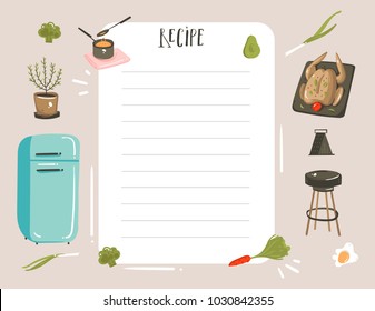 Hand Drawn Vector Abstract Modern Cartoon Cooking Studio Illustrations Recipe Card Planner Templete With Food,vegetables And Handwritten Calligraphy Isolated On White Background.