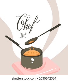 Hand drawn vector abstract modern cartoon cooking class illustrations poster with preparing food scene,saucepan,spoon and handwritten calligraphy text Chef class isolated on white background.
