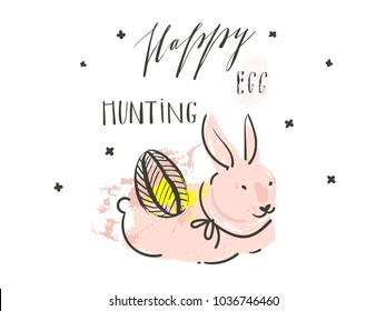 Hand drawn vector abstract modern graphic scandinavian collage Happy Easter simple bunny,eggs illustrations greeting card and Happy Egg hunting handwritten calligraphy isolated on white background.