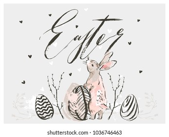 Hand drawn vector abstract modern graphic scandinavian collage Happy Easter cute simple bunny,eggs illustrations greeting card and Easter handwritten calligraphy isolated on grey background.