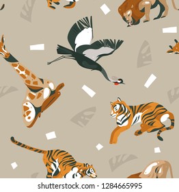 Hand drawn vector abstract modern graphic African Safari Nature ornamental tribal illustrations art collage seamless pattern with tigers,lion,crane bird and palm leaves isolated on pastel background