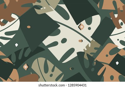 Hand drawn vector abstract modern graphic Tropical Nature ornamental tribal illustrations art collage seamless pattern with palm leaves isolated on green background