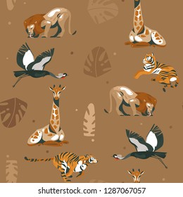 Hand drawn vector abstract modern graphic African Safari Nature ornamental tribal illustrations art collage seamless pattern with tigers,lion,crane bird and palm leaves isolated on brown background