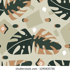 Hand drawn vector abstract modern graphic Tropical Nature ornamental tribal illustrations art collage seamless pattern with palm leaves isolated on green background