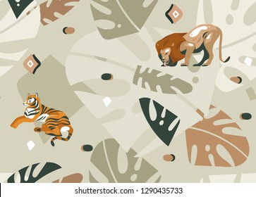 Hand drawn vector abstract modern graphic African Safari Nature ornamental tribal illustrations art collage seamless pattern with tigers,lion and palm leaves isolated on pastel background