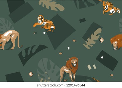 Hand drawn vector abstract modern graphic African Safari Nature ornamental tribal illustrations art collage seamless pattern with tigers,lion and palm leaves isolated on green background