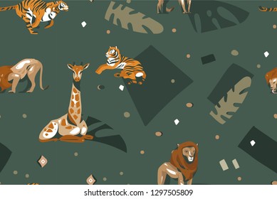 Hand drawn vector abstract modern graphic African Safari Nature ornamental tribal illustrations art collage seamless pattern with tigers,lion,giraffe and palm leaves isolated on green background