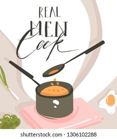 Hand drawn vector abstract modern cartoon cooking class illustrations poster with preparing food scene,saucepan,spoon and handwritten calligraphy text Real Men cook isolated on white background