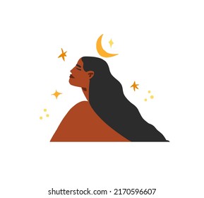 Dibujo manual vectorial abstracto gráfico moderno, ilustración clipart de un joven personaje femenino boho en la naturaleza con luna abstracta y estrellas. Diseño moderno de la mujer. Concepto de la naturaleza femenina. Concepto de la mujer boho.