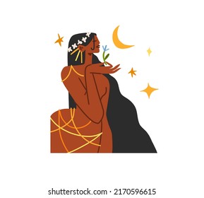 Hand drawn vector abstract modern graphic,clipart illustration of young boho female character in nature with abstract moon and stars.Modern woman design.Feminine nature concept.Boho woman concept.