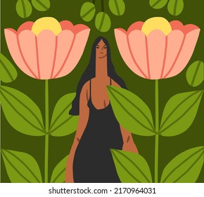 Hand drawn vector abstract modern graphic,clip art illustration of young boho female character in tropical nature with abstract shapes,leaves,flowers,moon.Modern woman design.Feminine nature concept.