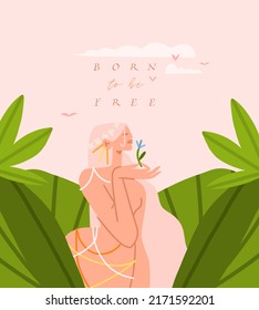 Hand drawn vector abstract modern graphic,clip art illustration of young boho female character in tropical nature with abstract shapes,leaves,flowers.Modern woman design.Feminine nature concept.