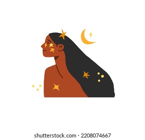 Hand drawn vector abstract modern graphic,clipart illustration of young boho female character in nature with abstract moon and stars.Modern woman design.Feminine nature concept.Boho woman concept.