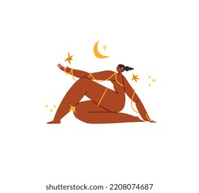 Hand drawn vector abstract modern graphic,clipart illustration of young boho female character in nature with abstract moon and stars.Modern woman design.Feminine nature concept.Boho woman concept.