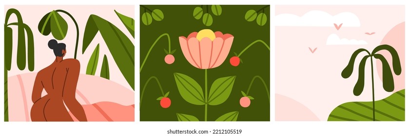 Gráfica moderna abstracta de vector dibujado a mano, ilustración clipart del personaje femenino boho joven en naturaleza tropical con formas abstractas, hojas, flores. Conjunto de diseño moderno de la mujer.Concepto de naturaleza femenina.