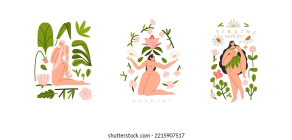 Hand drawn vector abstract modern graphic,clipart illustration of young boho female character in tropical nature with abstract shapes,leaves,flowers.Modern woman design set.Feminine nature concept.