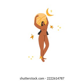 Hand drawn vector abstract modern graphic,clipart illustration of young boho female character in nature with abstract moon and stars.Modern woman design.Feminine nature concept.Boho woman concept.