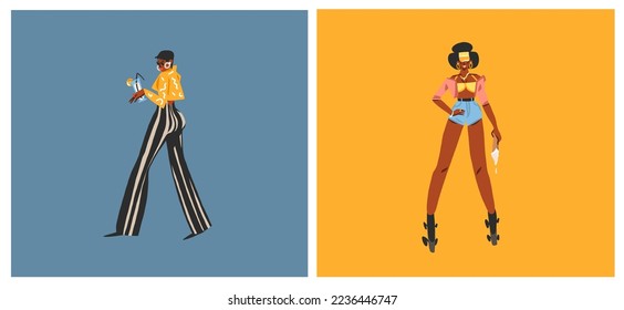 Hand drawn vector abstract modern graphic illustrations characters collection set of young women on disco party and rollerblading ,90s elements. African american concept. Cartoon character design .