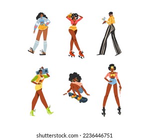 Hand drawn vector abstract modern graphic illustrations characters collection set of young happy vintage women roller skaters,on disco party and on skateboard,90s elements. African american concept.