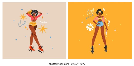 Hand drawn vector abstract modern graphic illustrations characters collection set of young women on disco party and rollerblading ,90s elements. African american concept. Cartoon character design .