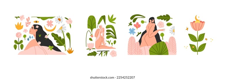 Hand drawn vector abstract modern graphic,clipart illustration of young female character in tropical nature with abstract shapes,leaves,flowers.Modern woman mental health design concept.Female beauty.