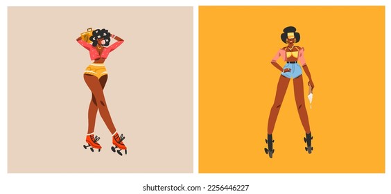 Hand drawn vector abstract modern graphic illustrations characters collection set of young women on disco party and rollerblading ,90s elements. African american concept. Cartoon character design .