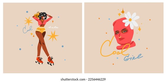 Hand drawn vector abstract modern graphic illustrations characters collection set of young women on disco party and rollerblading ,90s elements. African american concept. Cartoon character design .