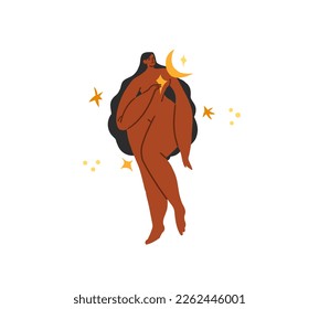 Hand drawn vector abstract modern graphic,clipart illustration of young boho female character with abstract moon and stars.Modern woman design figure doodle.Feminine nature concept.Boho woman concept.