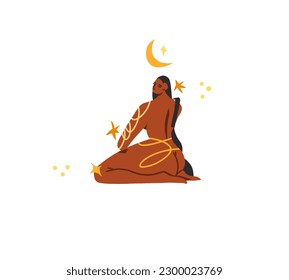 Hand drawn vector abstract modern cartoon illustration of young boho female character with abstract moon and stars in simple style.Modern woman design.Feminine nature concept art .Boho woman concept.