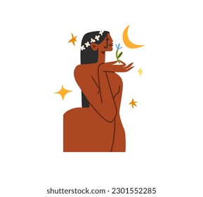 Hand drawn vector abstract modern graphic,clipart illustration of young boho female character in nature with abstract moon and stars.Modern woman design.Feminine nature concept.Boho woman concept.