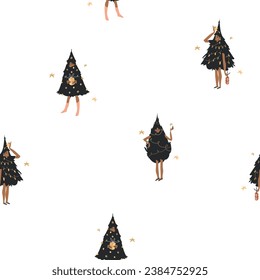 Hand drawn vector abstract modern graphic Happy New Year and Merry Christmas illustration character design of young happy girl in Christmas tree with garland costume,carnaval party seamless pattern.
