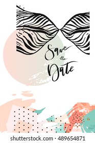 Hand drawn vector abstract modern tropical minimalistic save the date card template with exotic palm leaf in pastel colors..Wedding,marriage,save the date,baby shower bridal,birthday,