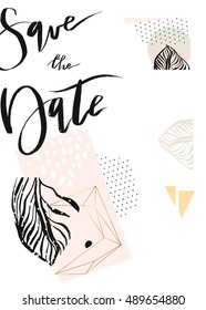 Hand drawn vector abstract modern tropical minimalistic save the date card template.Wedding,marriage,save the date,baby shower bridal,birthday,Valentine's day.Stylish simple design.Poster template.