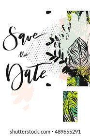 Hand drawn vector abstract modern boho tropical minimalistic save the date card template with exotic palm leaf composition in pastel colors.Tribal Design for poster,card,invitation,brochure,flayer.