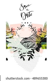 Hand drawn vector abstract modern boho tropical minimalistic save the date card template with exotic palm leaf reflect composition.Tribal Design for poster,card,invitation,placard,brochure,flayer.