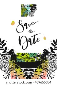 Hand drawn vector abstract modern boho tropical minimalistic save the date card template with exotic palm leaf reflect composition.Tribal Design for poster,card,invitation,placard,brochure,flayer.