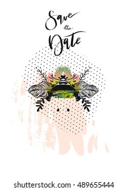 Hand drawn vector abstract modern boho tropical minimalistic save the date card template with exotic palm leaf reflect composition.Tribal Design for poster,card,invitation,placard,brochure,flayer.