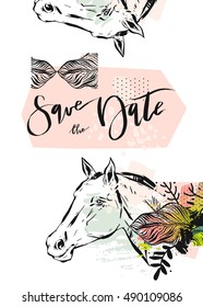 Hand drawn vector abstract modern boho tropical minimalistic save the date card template with exotic palm leaf and graphic horses head in pastel and green colors. Design for poster,card,invitation