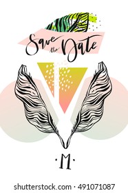 Hand drawn vector abstract modern tropical minimalistic save the date card template.Wedding,marriage,save the date,baby shower bridal,birthday,Valentine's day.Stylish simple design.Poster template