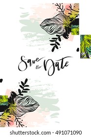 Hand drawn vector abstract modern boho tropical minimalistic save the date card template with exotic palm leaf composition in pastel colors.Tribal Design for poster,card,invitation,brochure,flayer.