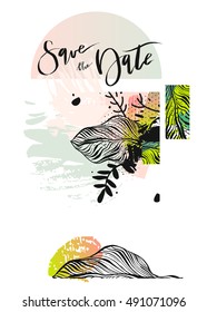 Hand drawn vector abstract modern boho tropical minimalistic save the date card template with exotic palm leaf composition.Tribal Design for poster,card,invitation,placard,brochure,flayer.