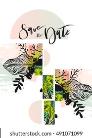 Hand drawn vector abstract modern boho tropical minimalistic save the date card template with exotic palm leaf reflect composition.Tribal Design for poster,card,invitation,placard,brochure,flayer.