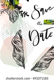 Hand drawn vector abstract modern boho tropical minimalistic save the date card template with exotic palm leaf composition in pastel colors.Tribal Design for poster,card,invitation,brochure,flayer.