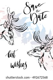 Hand drawn vector abstract modern hipster minimalistic rustic save the date card template with deers composition in pastel colors.Design for poster,card,invitation,brochure,flayer.