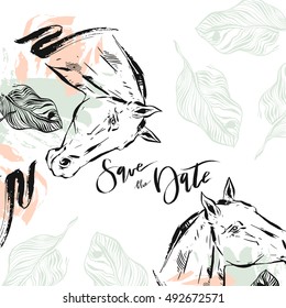 Hand drawn vector abstract modern boho tropical minimalistic save the date card template with exotic palm leaf and graphic horses head in pastel and green colors. Design for poster,card,invitation