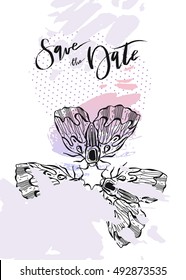 Hand drawn vector abstract modern boho minimalistic save the date card template with butterflies and moth composition.Poster design,card,invitation,placard