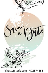 Hand drawn vector abstract modern hipster minimalistic rustic save the date card template with deer and horse composition in pastel colors.Design for poster,card,invitation,brochure,flayer.