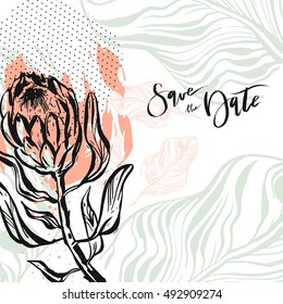 Hand drawn vector abstract modern boho tropical minimalistic save the date card template with exotic palm leaves and flower protea composition.Poster design,card,invitation,placard